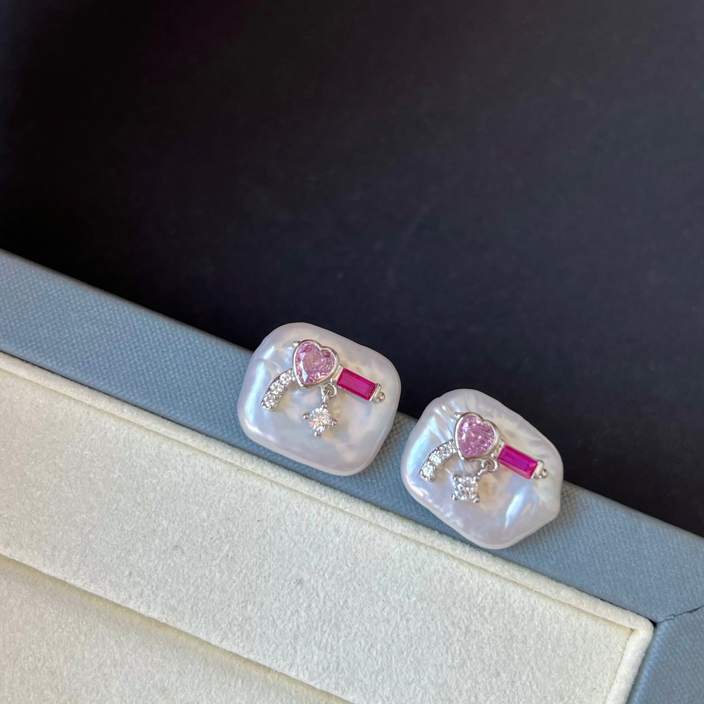 Unique Pearl and Cubic Zirconia Pink Gun Stud Earrings - Trendy Irregular Shaped Jewelry for Fashion-Forward Accessory Enthusiasts