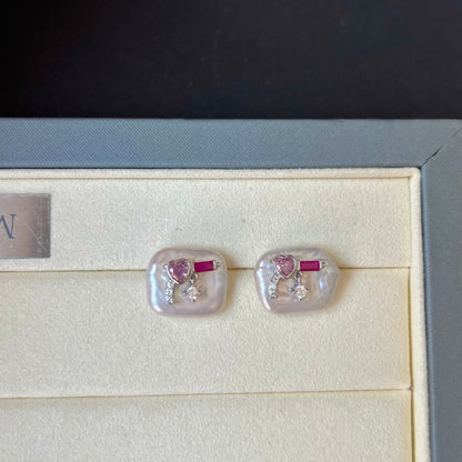 Unique Pearl and Cubic Zirconia Pink Gun Stud Earrings - Trendy Irregular Shaped Jewelry for Fashion-Forward Accessory Enthusiasts
