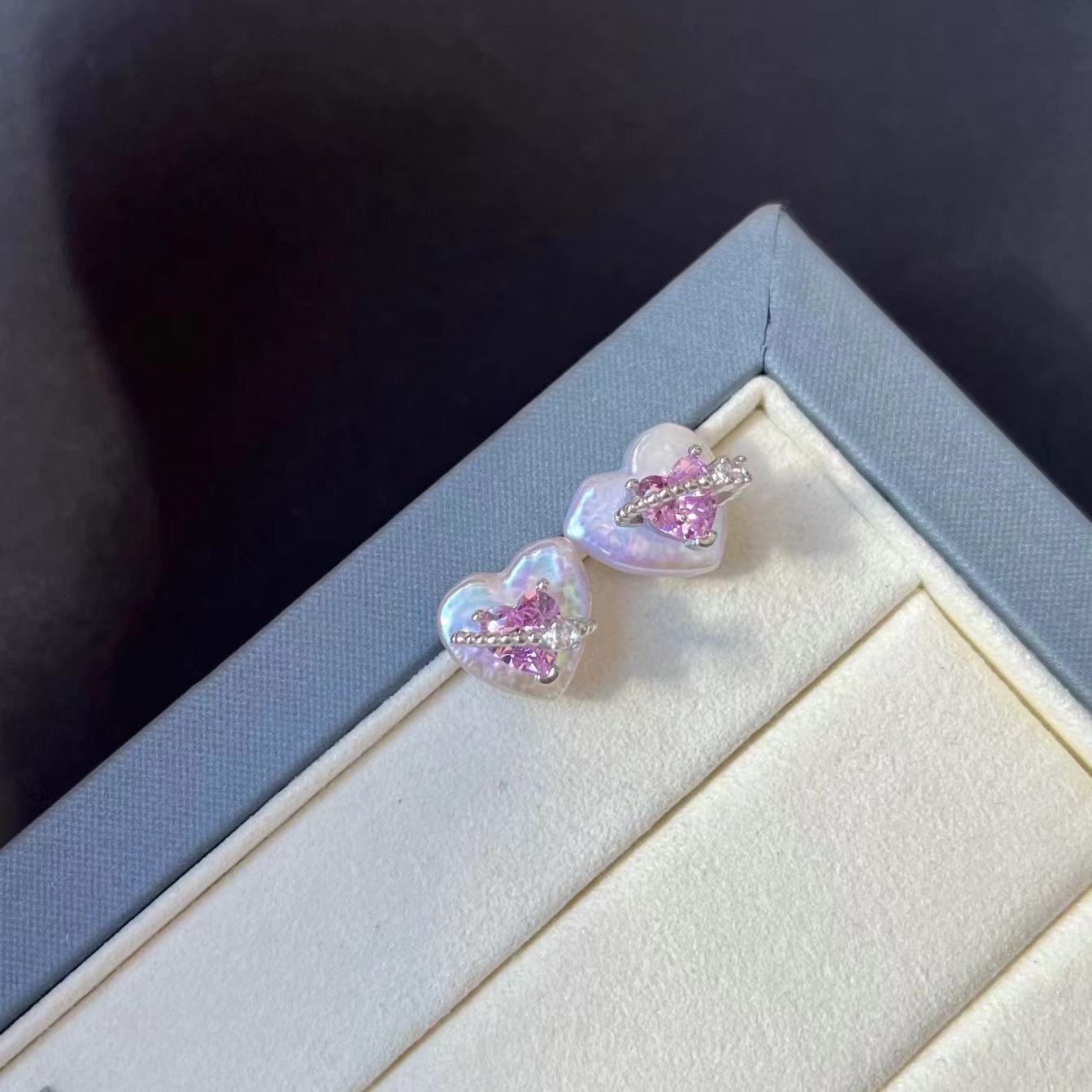 Elegant S925 Sterling Silver Heart Stud Earrings with Pearl & Cubic Zirconia