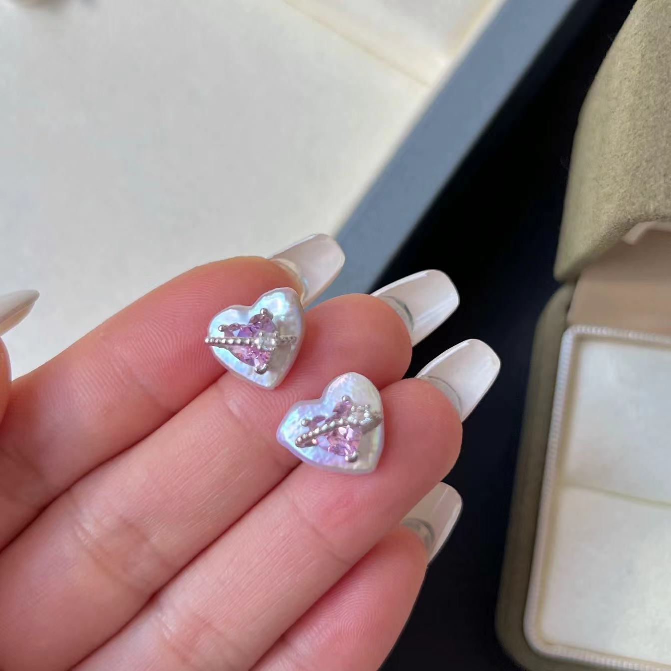 Elegant S925 Sterling Silver Heart Stud Earrings with Pearl & Cubic Zirconia