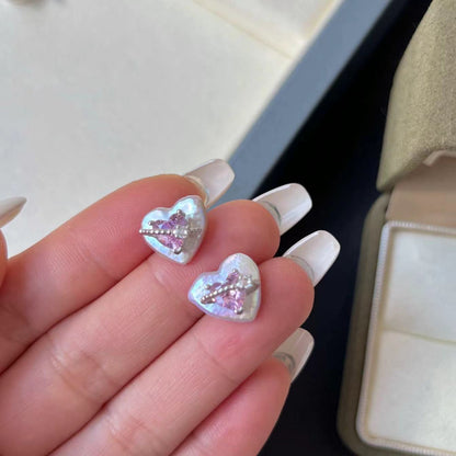 Elegant S925 Sterling Silver Heart Stud Earrings with Pearl & Cubic Zirconia