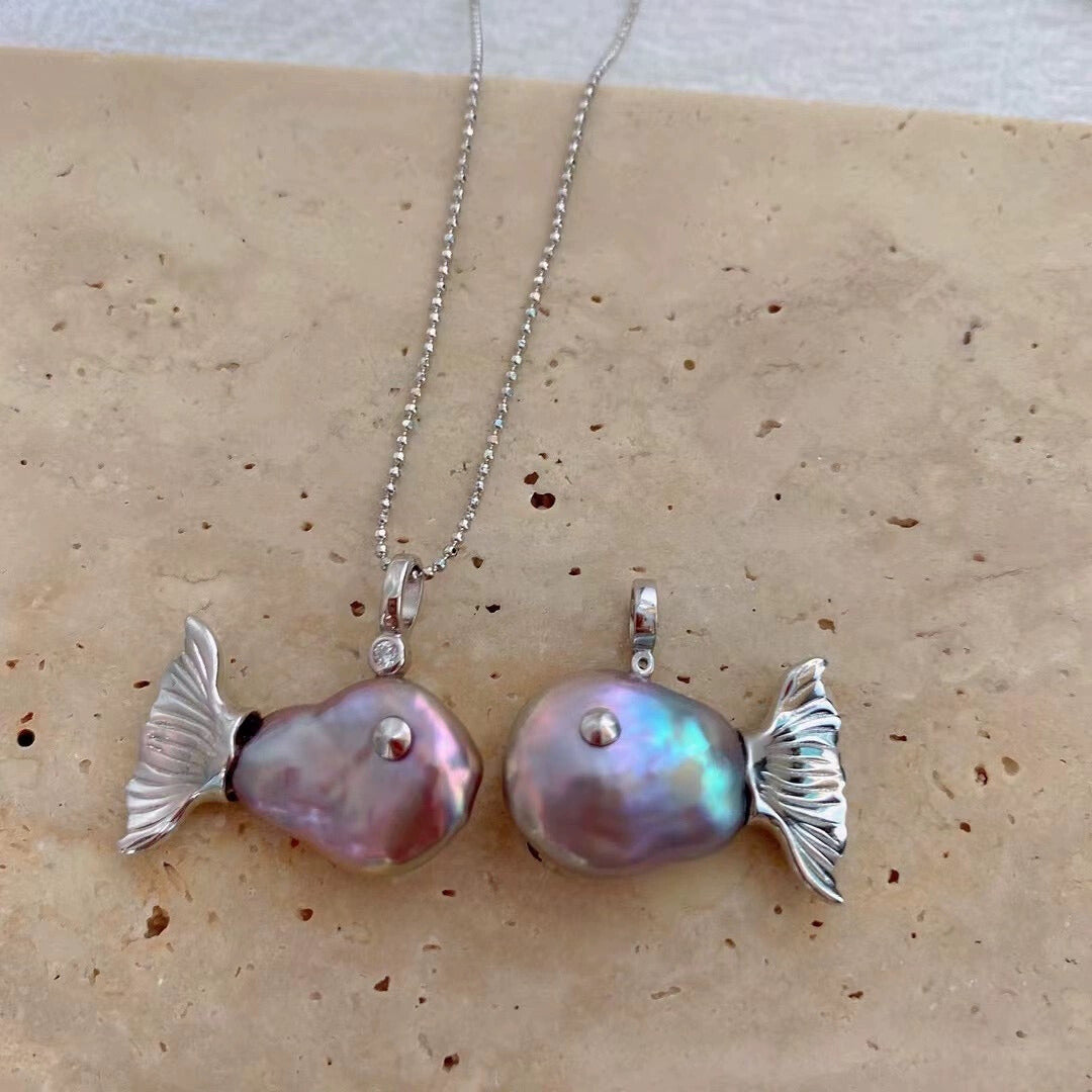 Charming S925 Sterling Silver Pearl Fish Pendant Necklace