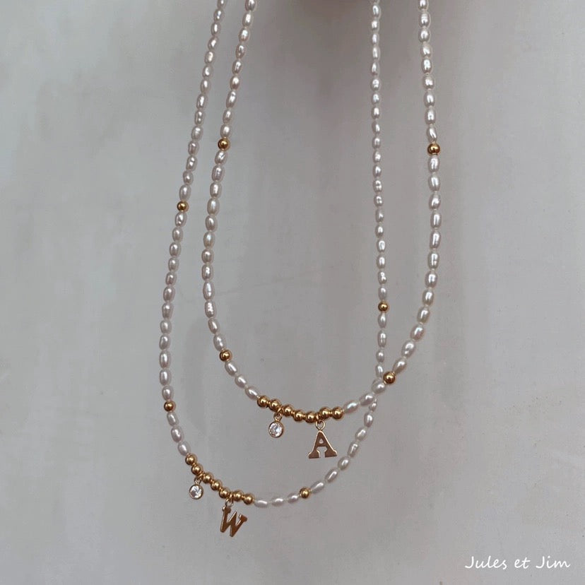 14K Gold-Filled Personalized Initial Necklace with Natural Pearl and Crystal Pendants