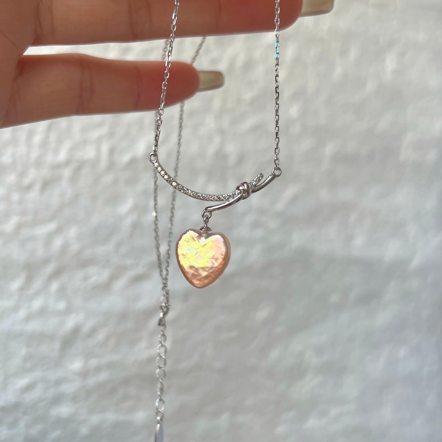 Champagne Pink Natural Baroque Pearl Necklace with Sterling Silver Heart Pendant and Crystal Embellishments
