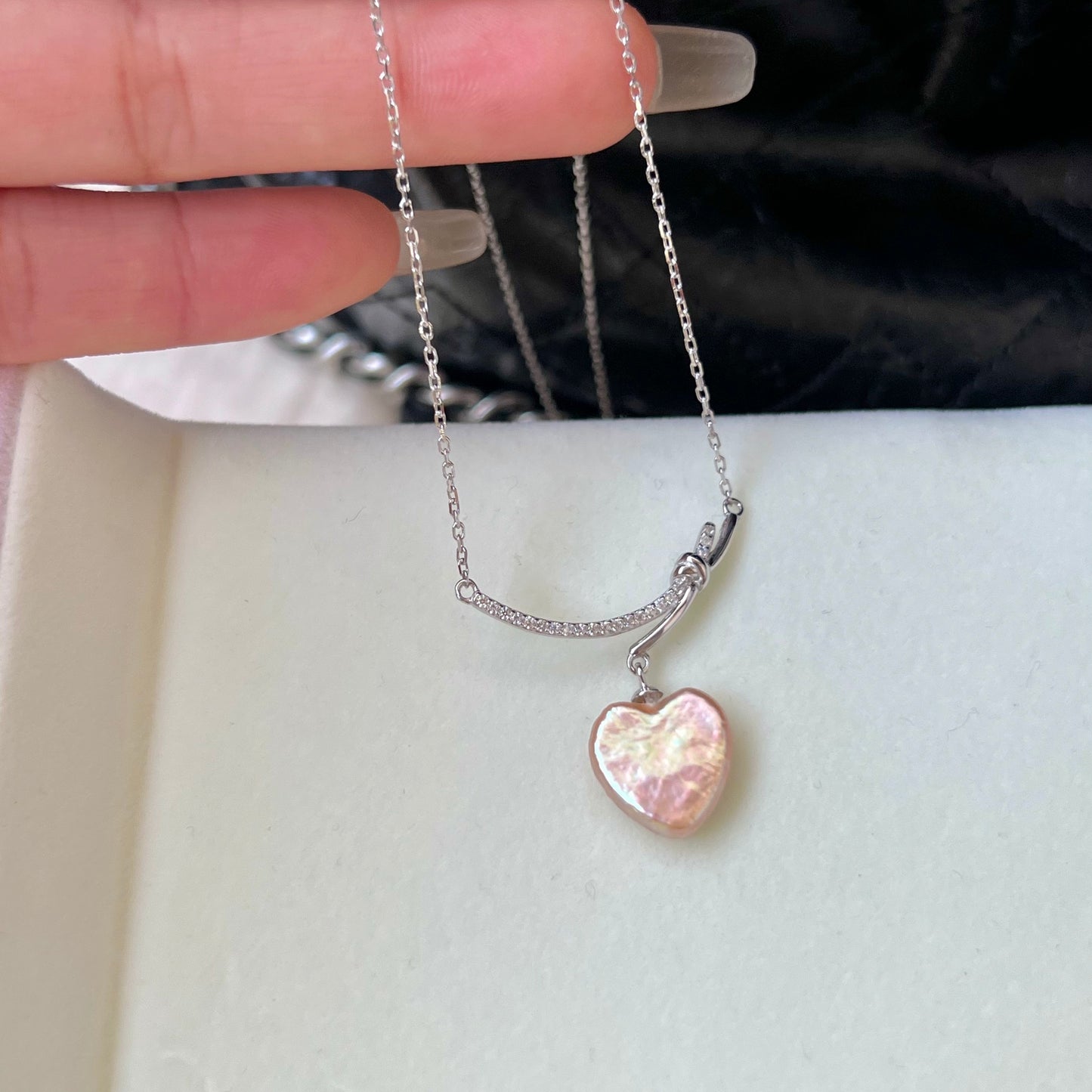 Champagne Pink Natural Baroque Pearl Necklace with Sterling Silver Heart Pendant and Crystal Embellishments
