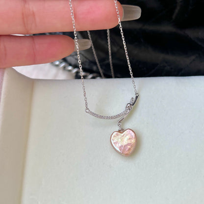 Champagne Pink Natural Baroque Pearl Necklace with Sterling Silver Heart Pendant and Crystal Embellishments