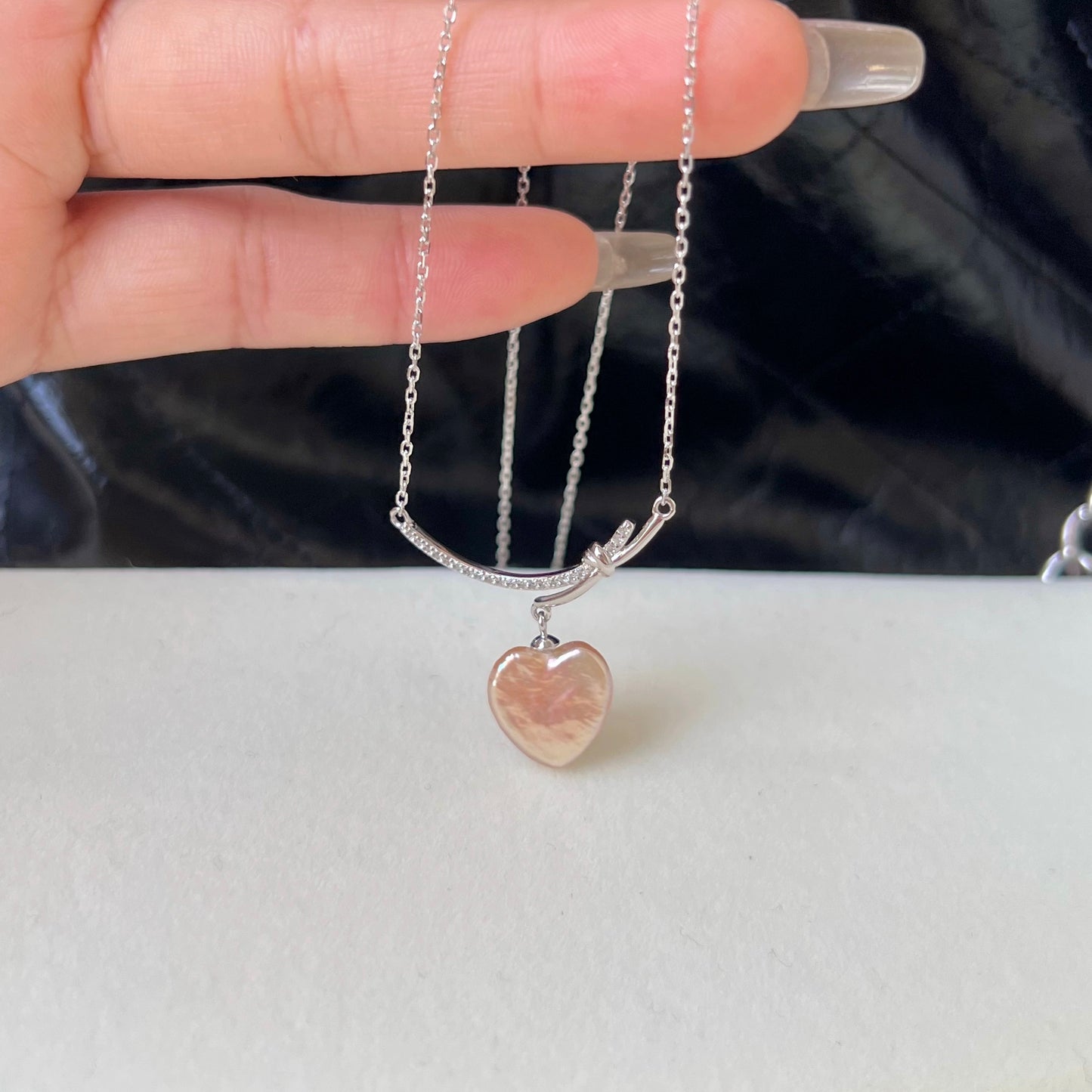Champagne Pink Natural Baroque Pearl Necklace with Sterling Silver Heart Pendant and Crystal Embellishments