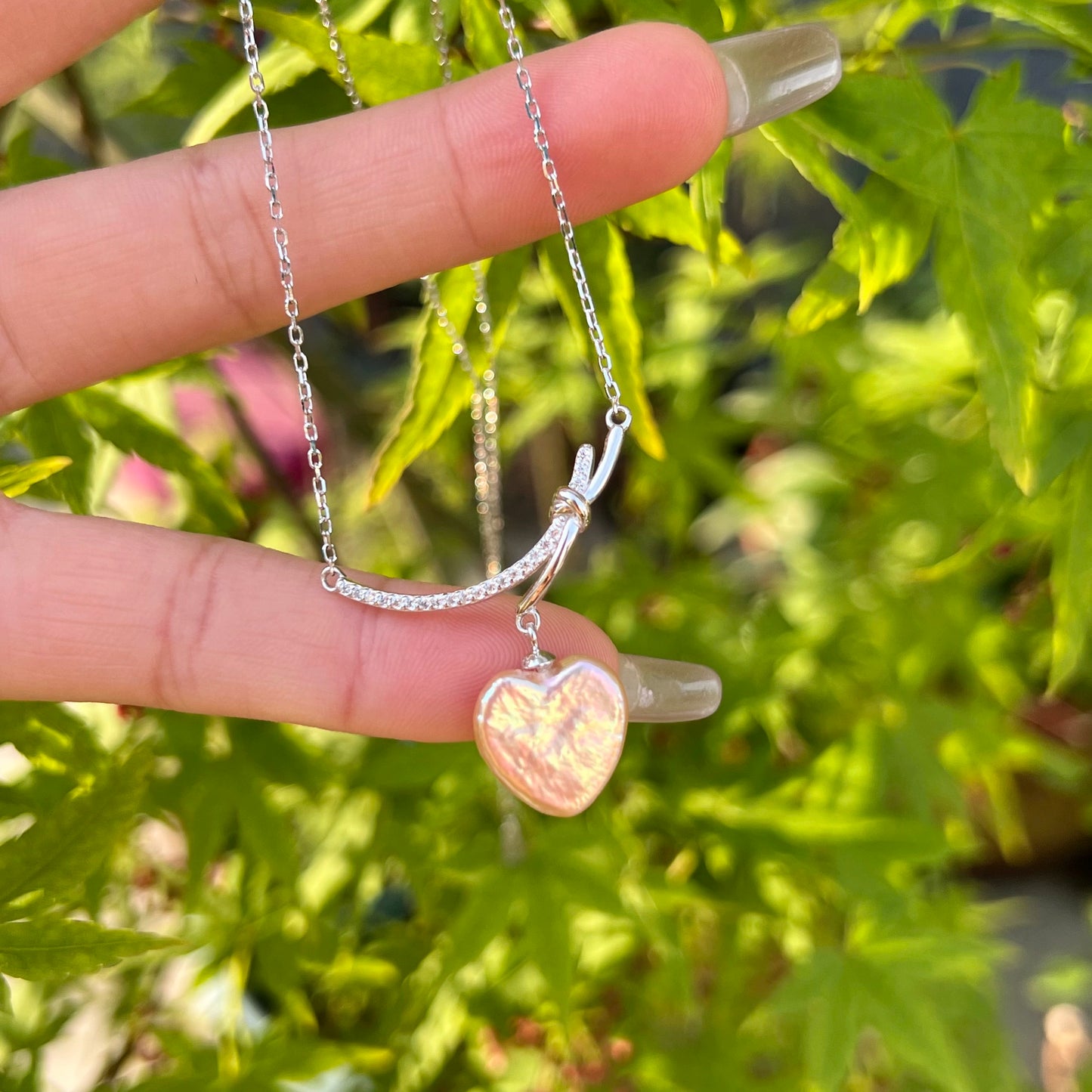 Champagne Pink Natural Baroque Pearl Necklace with Sterling Silver Heart Pendant and Crystal Embellishments