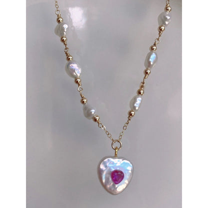 14K Gold-Filled Handcrafted Wire-Wrapped Baroque Pearl Heart Pendant Necklace with Pink Gemstone Center