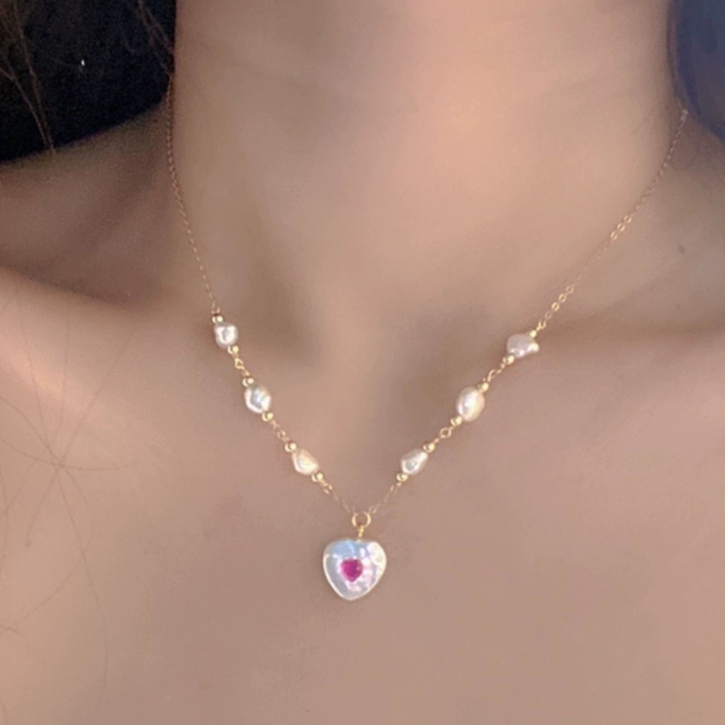 14K Gold-Filled Handcrafted Wire-Wrapped Baroque Pearl Heart Pendant Necklace with Pink Gemstone Center
