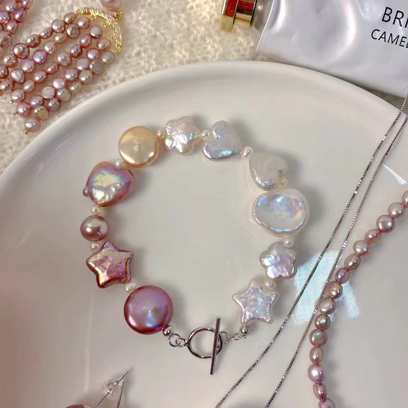 Baroque Pearl and Multicolored Gemstone Bracelet with Star and Heart Charms - Handcrafted Elegance