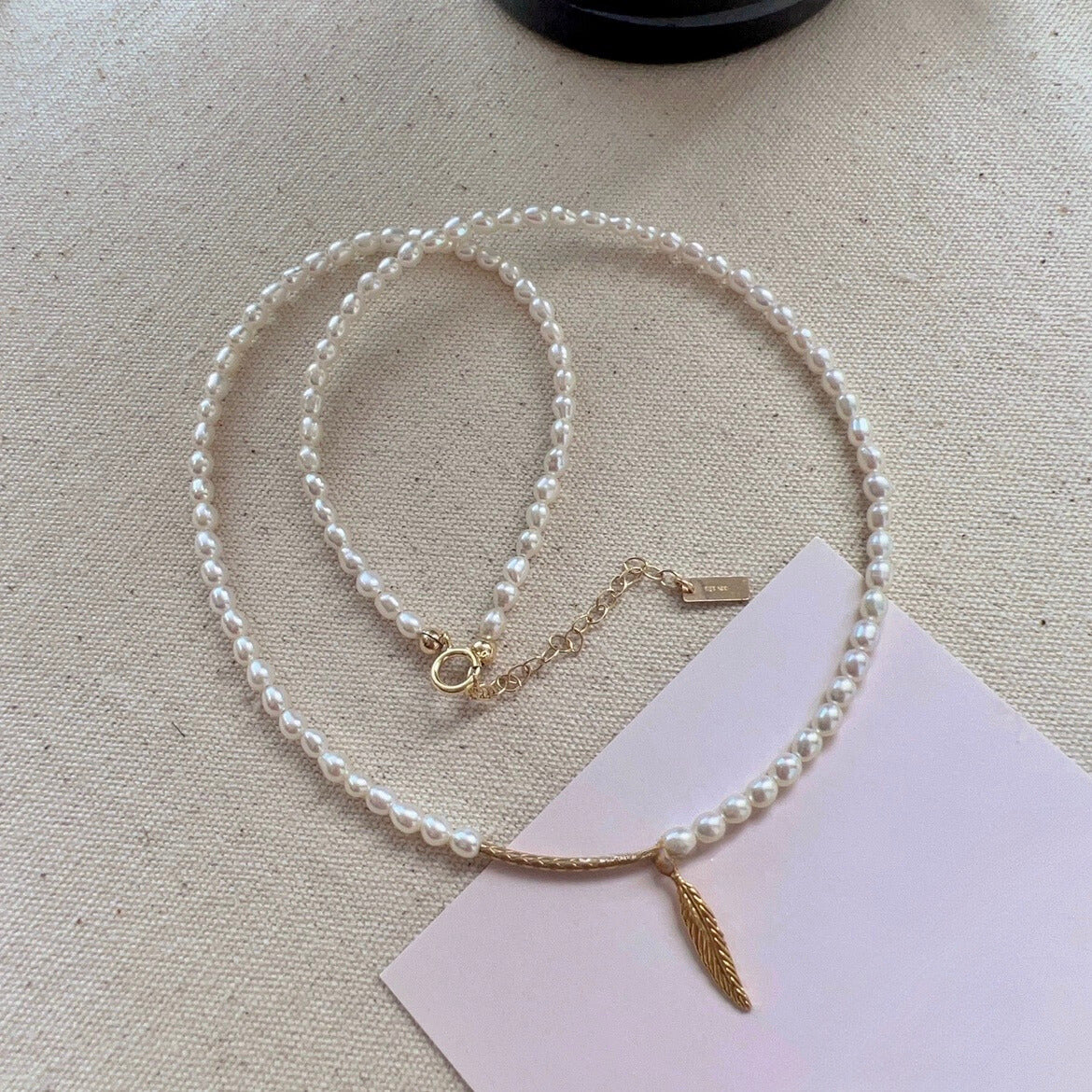 14K Gold Feather Pendant Necklace with Rice Pearl Chain - Elegant Bridal Jewelry - Dainty Wedding Accessory - Minimalist Beaded Charm Necklace