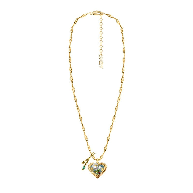 Vintage Oil Painting Heart Pendant Necklace with French Enamel - Classic Romantic Clavicle Chain