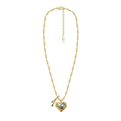 Vintage Oil Painting Heart Pendant Necklace with French Enamel - Classic Romantic Clavicle Chain