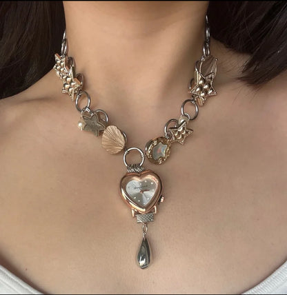 Cyber Punk Vintage watch choker, Original design chunky chain niche style, elegant and trendy Necklace