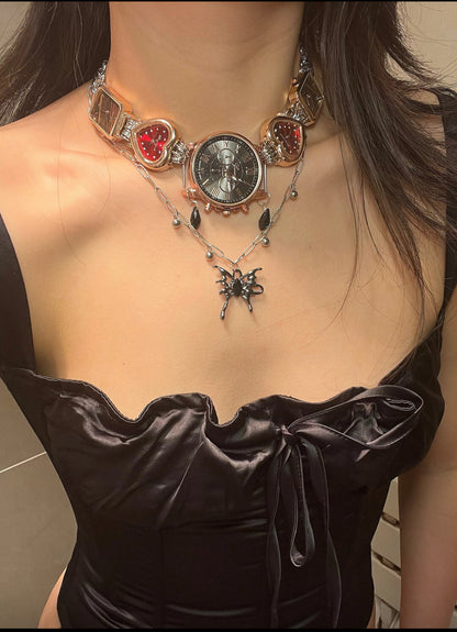 Vintage watch pendant necklace with Butterfly chain, niche punk style, metallic Y2K necklace, elegant and trendy, Trend Clutter Cool Necklace.