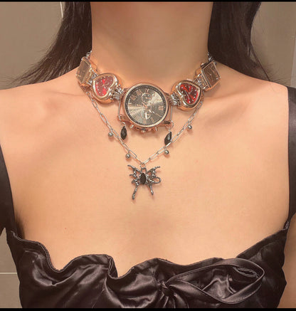 Vintage watch pendant necklace with Butterfly chain, niche punk style, metallic Y2K necklace, elegant and trendy, Trend Clutter Cool Necklace.