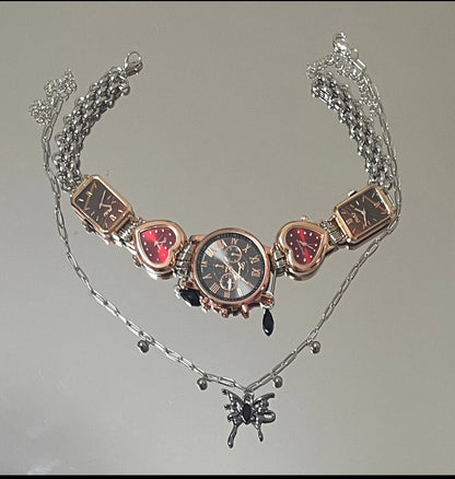 Vintage watch pendant necklace with Butterfly chain, niche punk style, metallic Y2K necklace, elegant and trendy, Trend Clutter Cool Necklace.