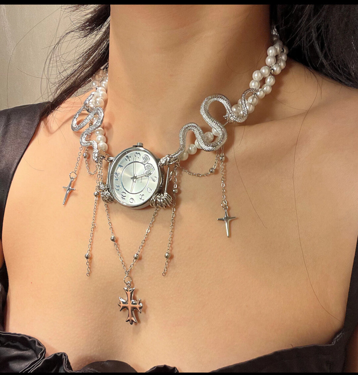 Vintage punk watch necklace, Wrap fashion necklace, Y2K choker, artistic vintage style, Trend Clutter Cool Necklace, For men and women