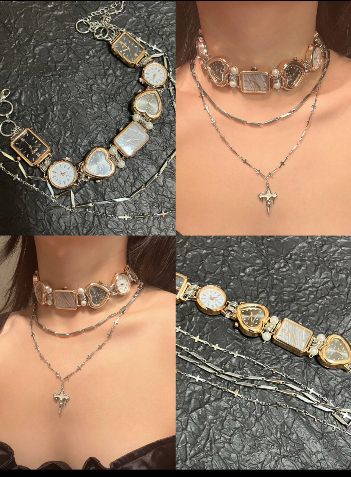 Vintage watch pendant necklace with pearl,metallic 3-in-1 necklace