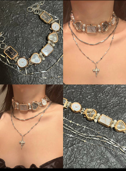 Vintage watch pendant necklace with pearl,metallic 3-in-1 necklace