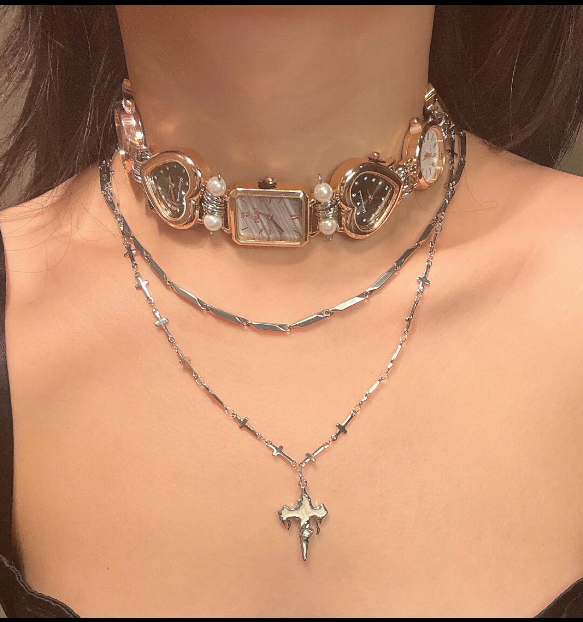 Vintage watch pendant necklace with pearl,metallic 3-in-1 necklace
