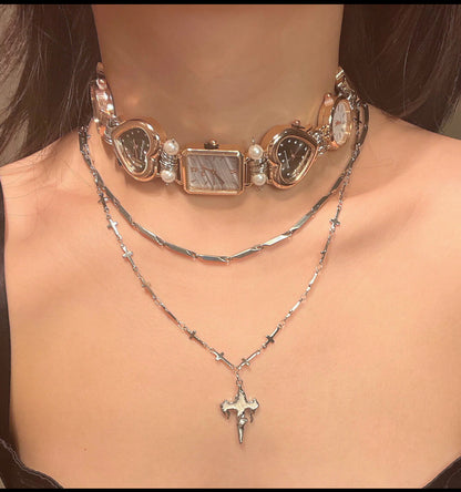 Vintage watch pendant necklace with pearl,metallic 3-in-1 necklace