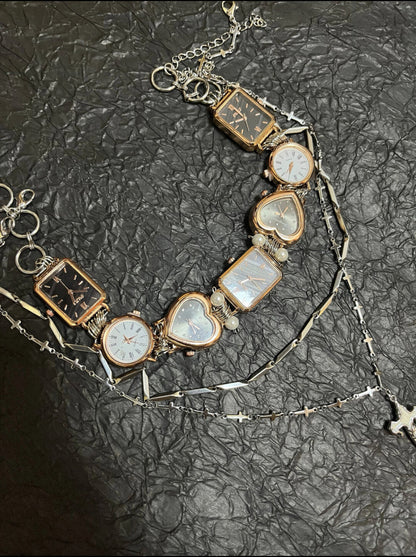 Vintage watch pendant necklace with pearl,metallic 3-in-1 necklace