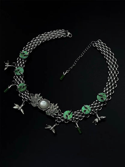 Chunky Bamboo Pendant Y2K Metallic Necklace Niche Punk Titanium Steel Chain Choker  for Women