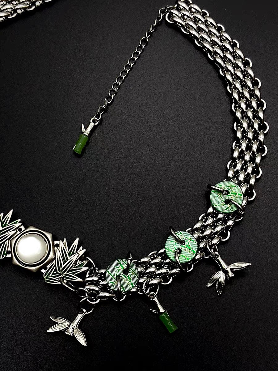 Chunky Bamboo Pendant Y2K Metallic Necklace Niche Punk Titanium Steel Chain Choker  for Women