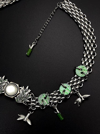 Chunky Bamboo Pendant Y2K Metallic Necklace Niche Punk Titanium Steel Chain Choker  for Women