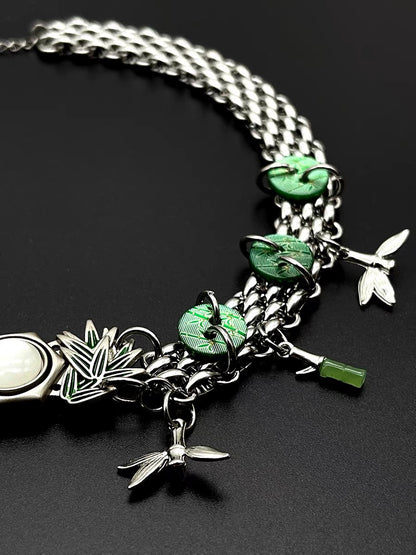 Chunky Bamboo Pendant Y2K Metallic Necklace Niche Punk Titanium Steel Chain Choker  for Women