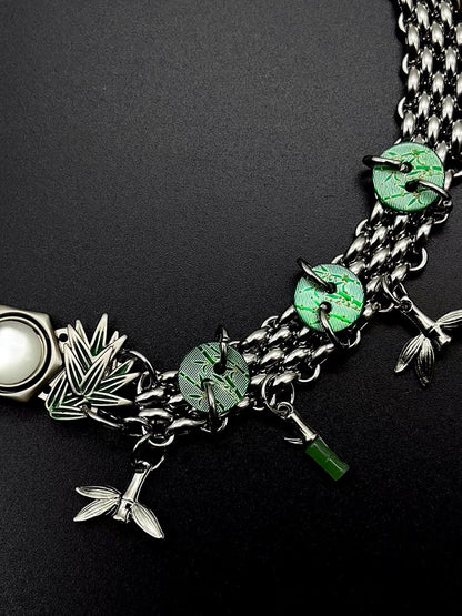 Chunky Bamboo Pendant Y2K Metallic Necklace Niche Punk Titanium Steel Chain Choker  for Women