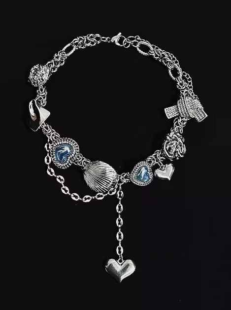 VintagePunk Seashell Blue Heart Gemstone Necklace，metallic Y2K necklace and Ocean Elements in Silver choker