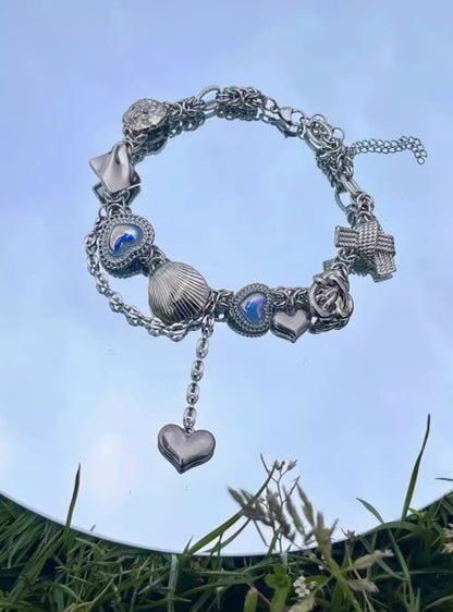 VintagePunk Seashell Blue Heart Gemstone Necklace，metallic Y2K necklace and Ocean Elements in Silver choker