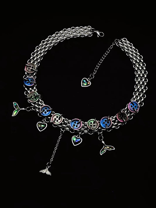 Y2K Heart Shape Button Necklace Metallic Niche Punk Mermaid Tail Pendant Chunky Choker chain