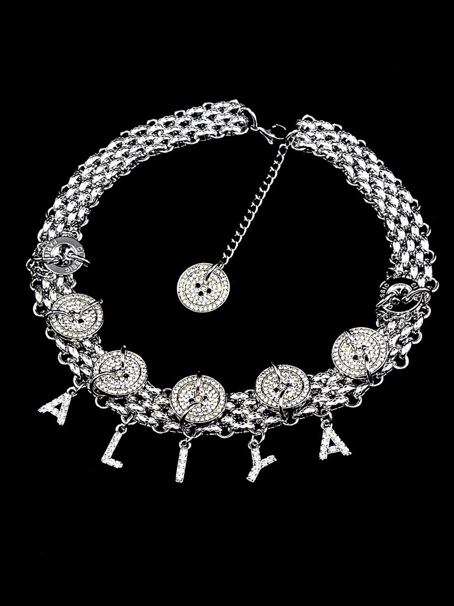 Rhinestone Silver Button Sparkling Alphabet Pendant  Customizable Necklace， Y2k Chunky Chain Choker for Man and Woman