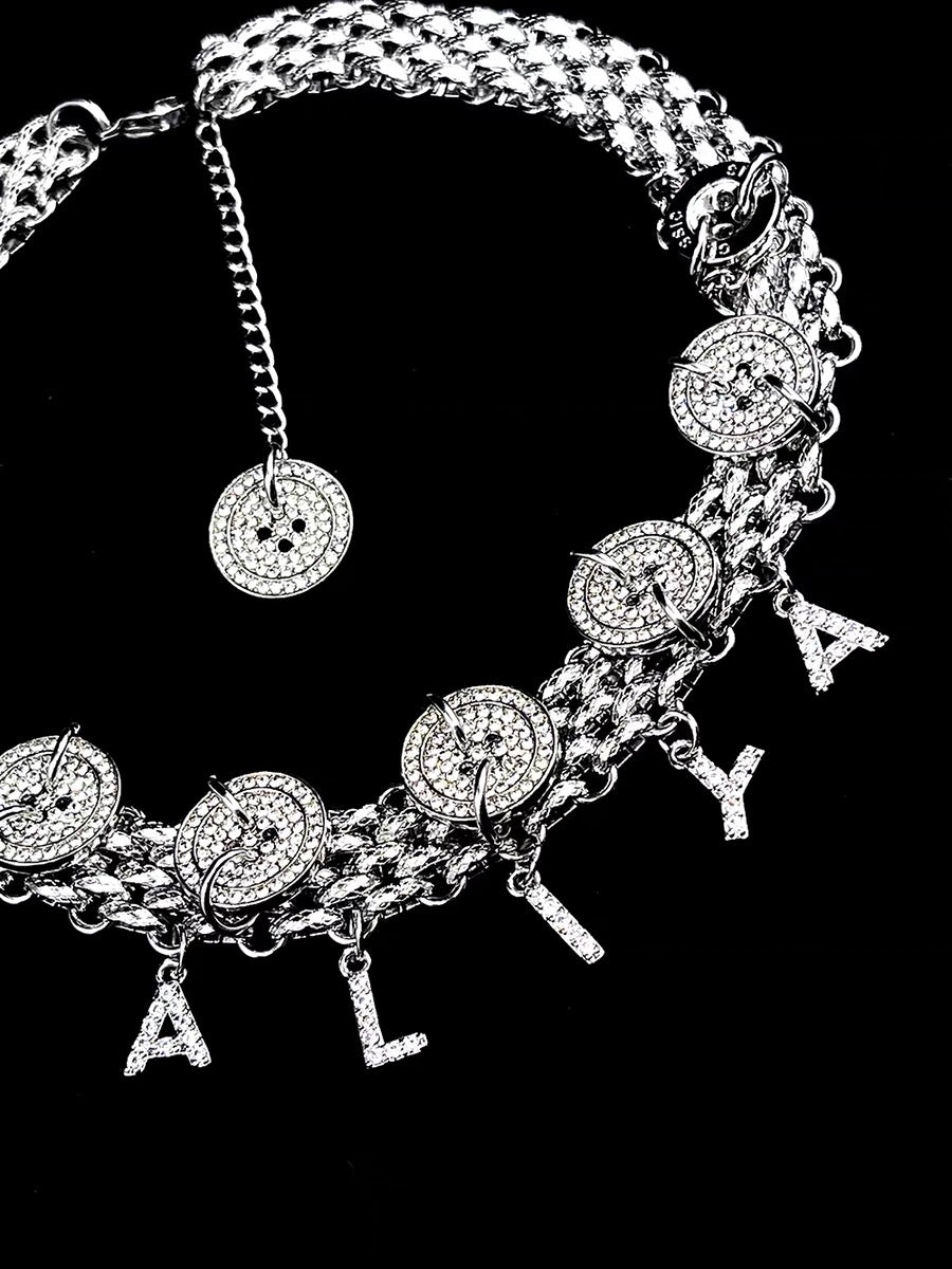Rhinestone Silver Button Sparkling Alphabet Pendant  Customizable Necklace， Y2k Chunky Chain Choker for Man and Woman