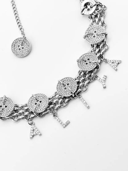 Rhinestone Silver Button Sparkling Alphabet Pendant  Customizable Necklace， Y2k Chunky Chain Choker for Man and Woman