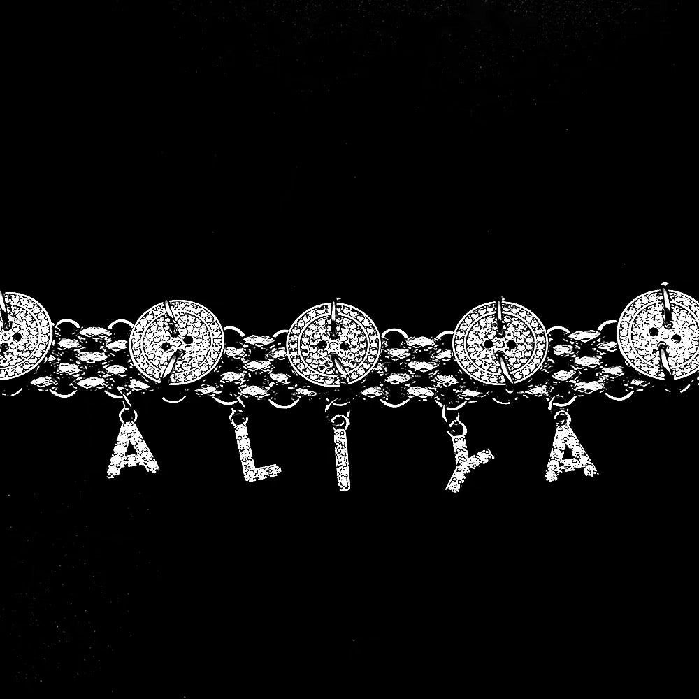 Rhinestone Silver Button Sparkling Alphabet Pendant  Customizable Necklace， Y2k Chunky Chain Choker for Man and Woman
