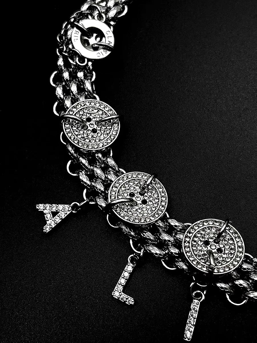 Rhinestone Silver Button Sparkling Alphabet Pendant  Customizable Necklace， Y2k Chunky Chain Choker for Man and Woman