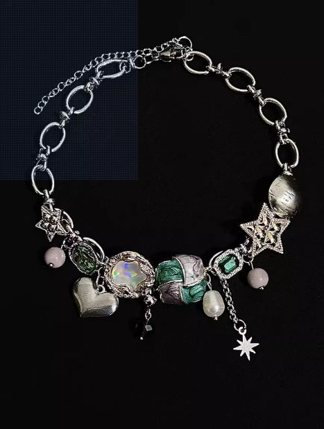 Vintage Enamel Star, Heart, and Geometric Shape Gemstone Necklace - Exquisite Handcrafted Silver Choker