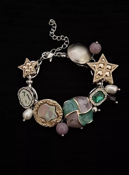 Vintage Style Star and Green Gemstone Enamel Bracelet with Pearl Accents - Original Design Niche Bracelet