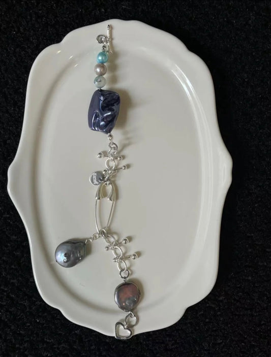 Handmade Shell Pearl Beaded Sliver Chunky Niche Punk Trendy Fashion Bracelet with Paper Clip and Pin