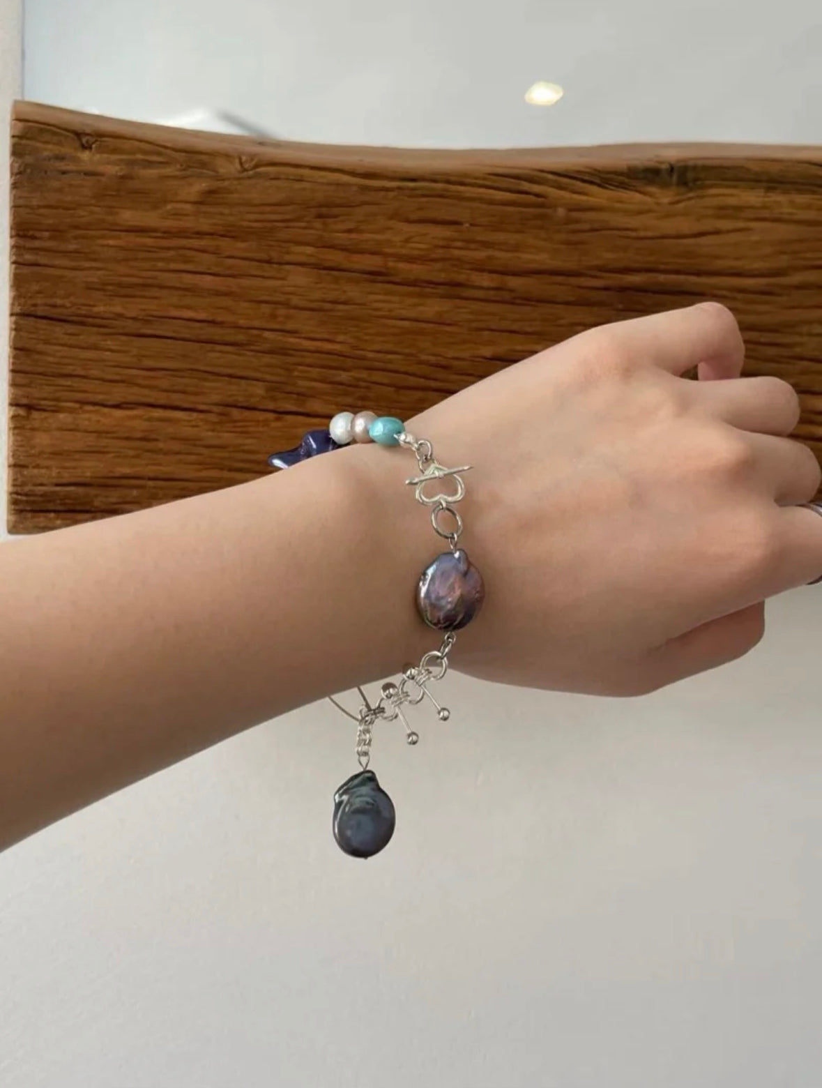 Handmade Shell Pearl Beaded Sliver Chunky Niche Punk Trendy Fashion Bracelet with Paper Clip and Pin