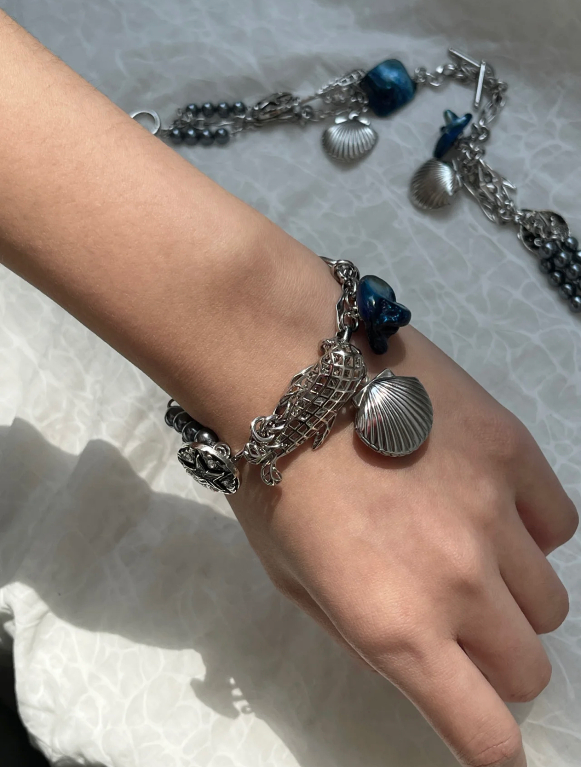 Metallic Chunky Shell Pearl Beaded Baroque Bracelet Niche Punk Warp Link Chain