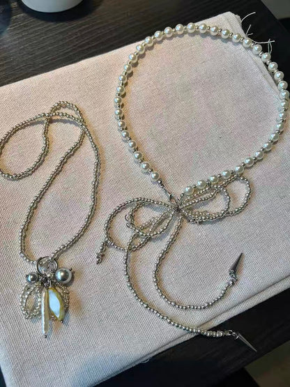 Baroque Pearl Beaded Chunky Niche Punk Butterfly Pendant Necklace Choker Chain and Earrings