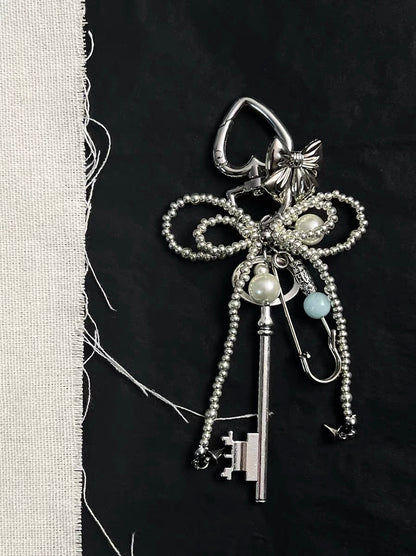Pearl Beaded Bowknot Aesthetic Keychain Heart Pendant Key Ring Accessories for Cars Bags