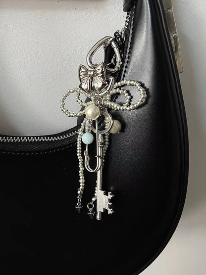 Pearl Beaded Bowknot Aesthetic Keychain Heart Pendant Key Ring Accessories for Cars Bags