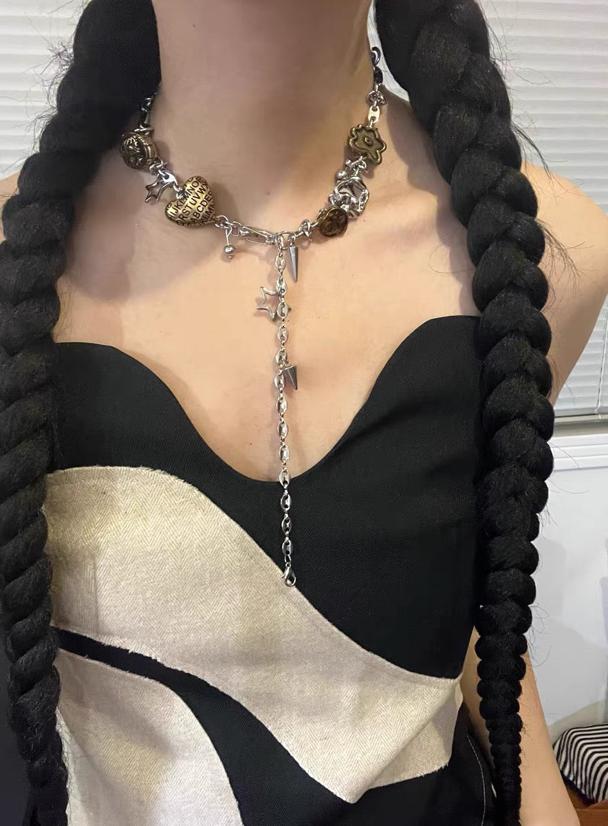 Chunky Niche Punk Sliver Necklace Choker Heart Pendant Trendy Cool Tassels Chain and Ring